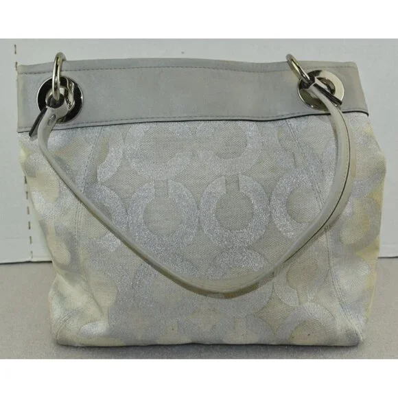 Coach Womens Ashley Signature Op Art Hippie Purse Silver Cream Shoulder Handbag - Picture 4 of 14